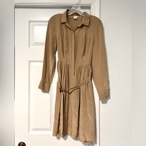 Khaki 100% silk Jcrew shirt dress with leather buckle belt size 2